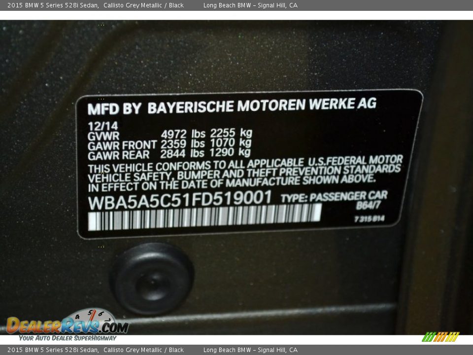 2015 BMW 5 Series 528i Sedan Callisto Grey Metallic / Black Photo #5