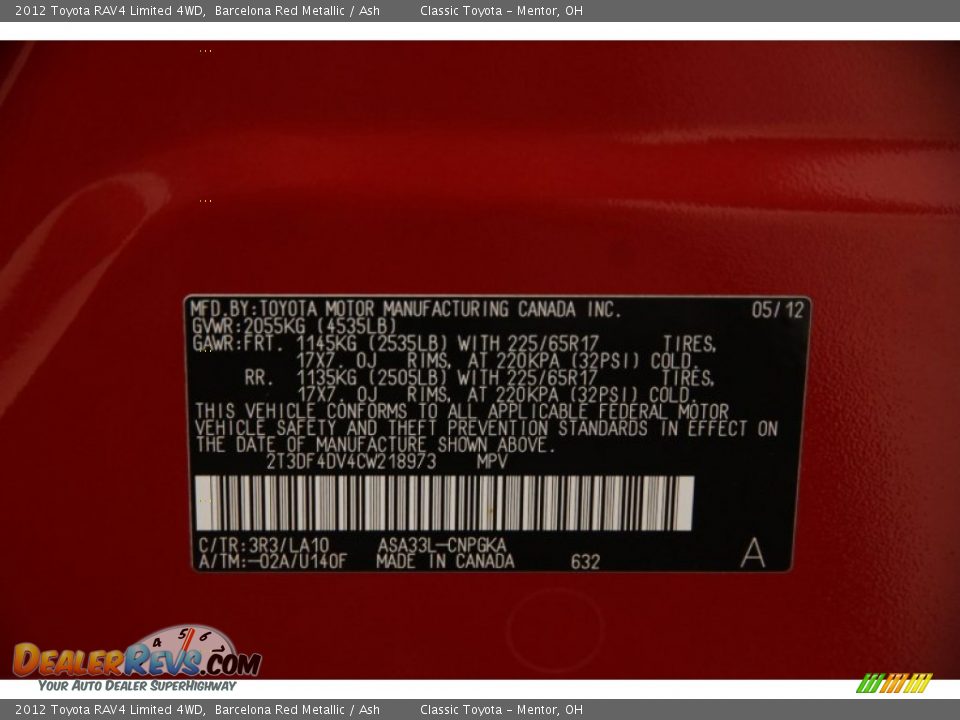 2012 Toyota RAV4 Limited 4WD Barcelona Red Metallic / Ash Photo #15