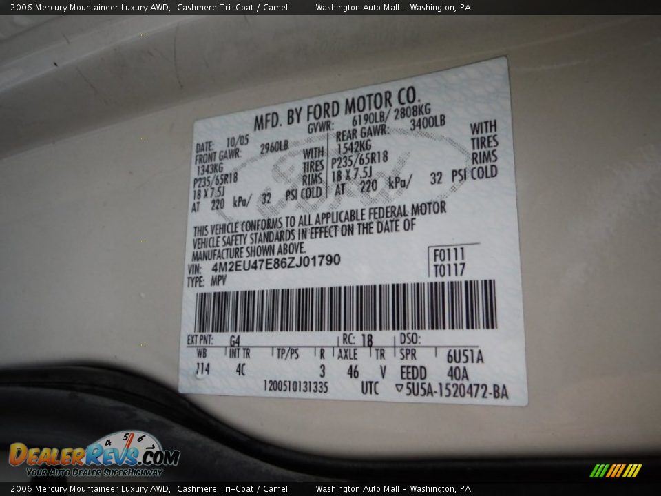 2006 Mercury Mountaineer Luxury AWD Cashmere Tri-Coat / Camel Photo #21