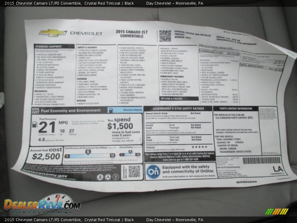 2015 Chevrolet Camaro LT/RS Convertible Window Sticker Photo #12