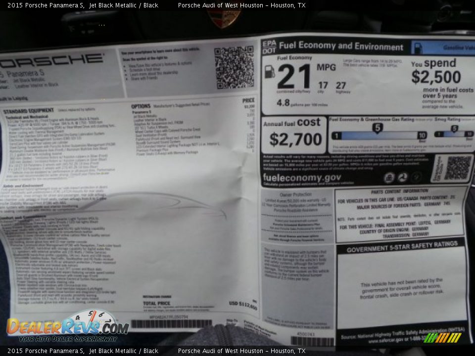 2015 Porsche Panamera S Window Sticker Photo #33