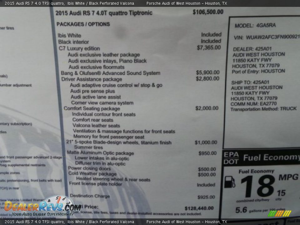 2015 Audi RS 7 4.0 TFSI quattro Window Sticker Photo #33