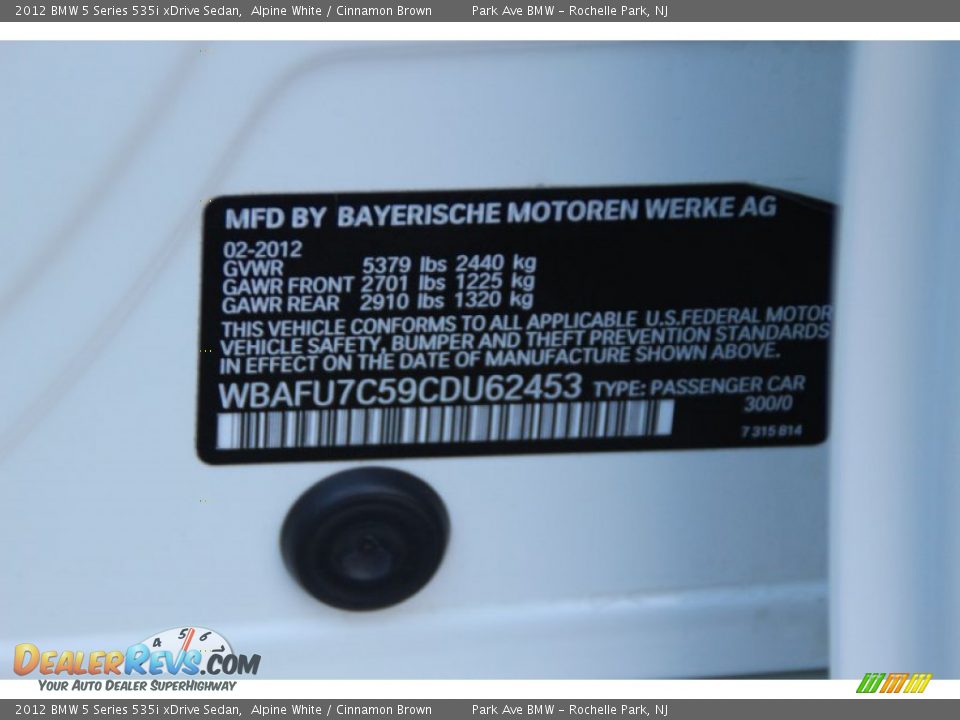 2012 BMW 5 Series 535i xDrive Sedan Alpine White / Cinnamon Brown Photo #34