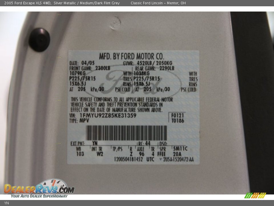 Ford Color Code YN Silver Metallic