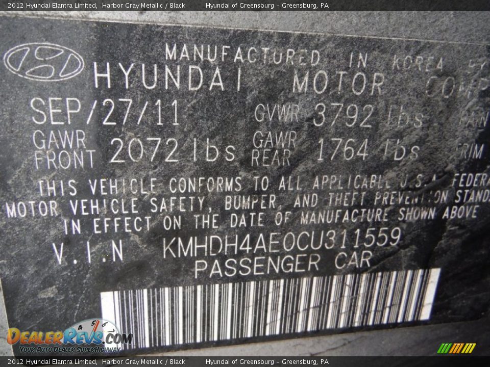 2012 Hyundai Elantra Limited Harbor Gray Metallic / Black Photo #26