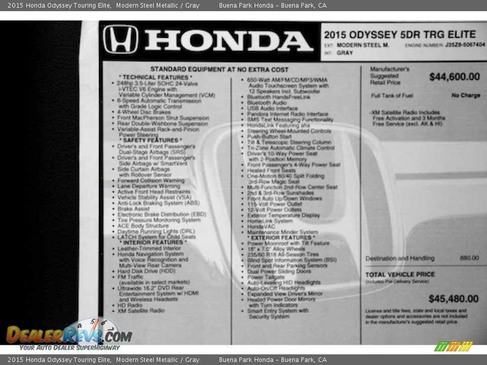 2015 Honda Odyssey Touring Elite Modern Steel Metallic / Gray Photo #28