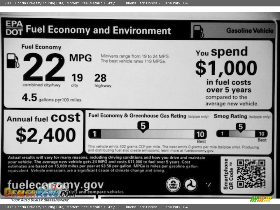 2015 Honda Odyssey Touring Elite Modern Steel Metallic / Gray Photo #29