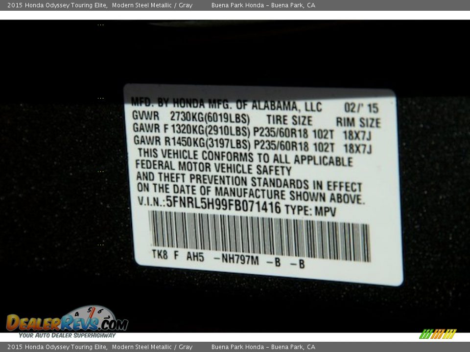 2015 Honda Odyssey Touring Elite Modern Steel Metallic / Gray Photo #30