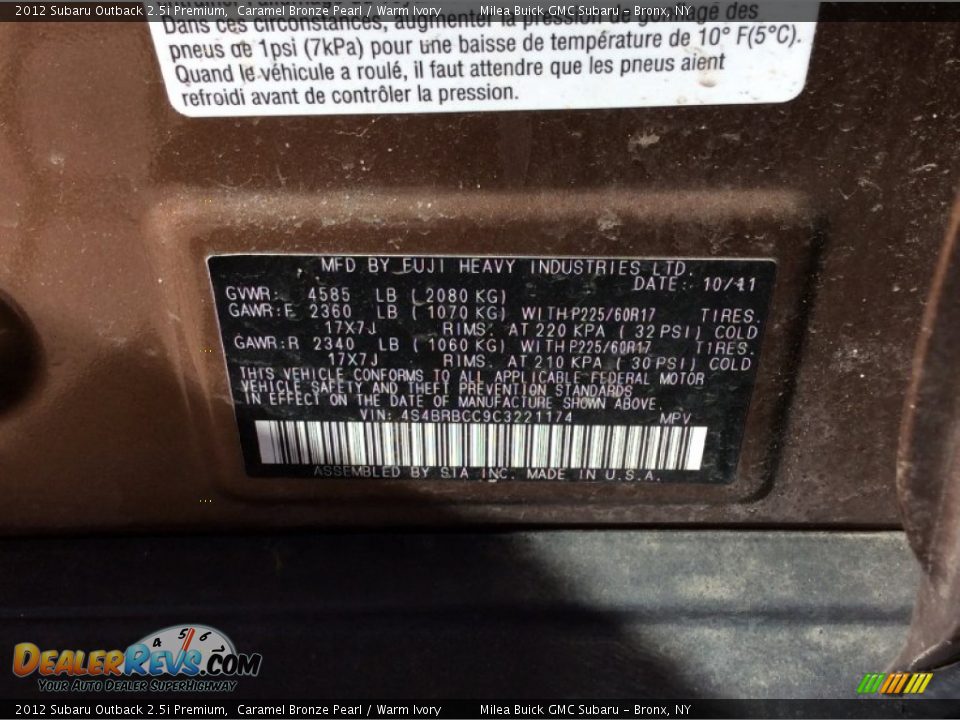2012 Subaru Outback 2.5i Premium Caramel Bronze Pearl / Warm Ivory Photo #15
