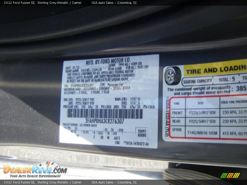 2012 Ford Fusion SE Sterling Grey Metallic / Camel Photo #17