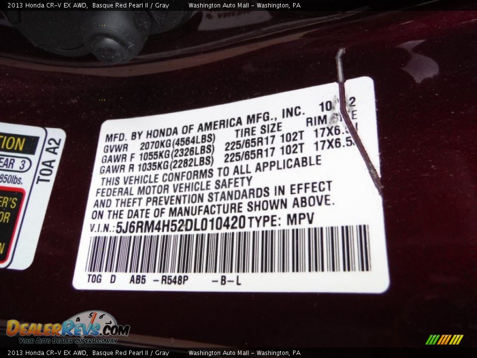 2013 Honda CR-V EX AWD Basque Red Pearl II / Gray Photo #19