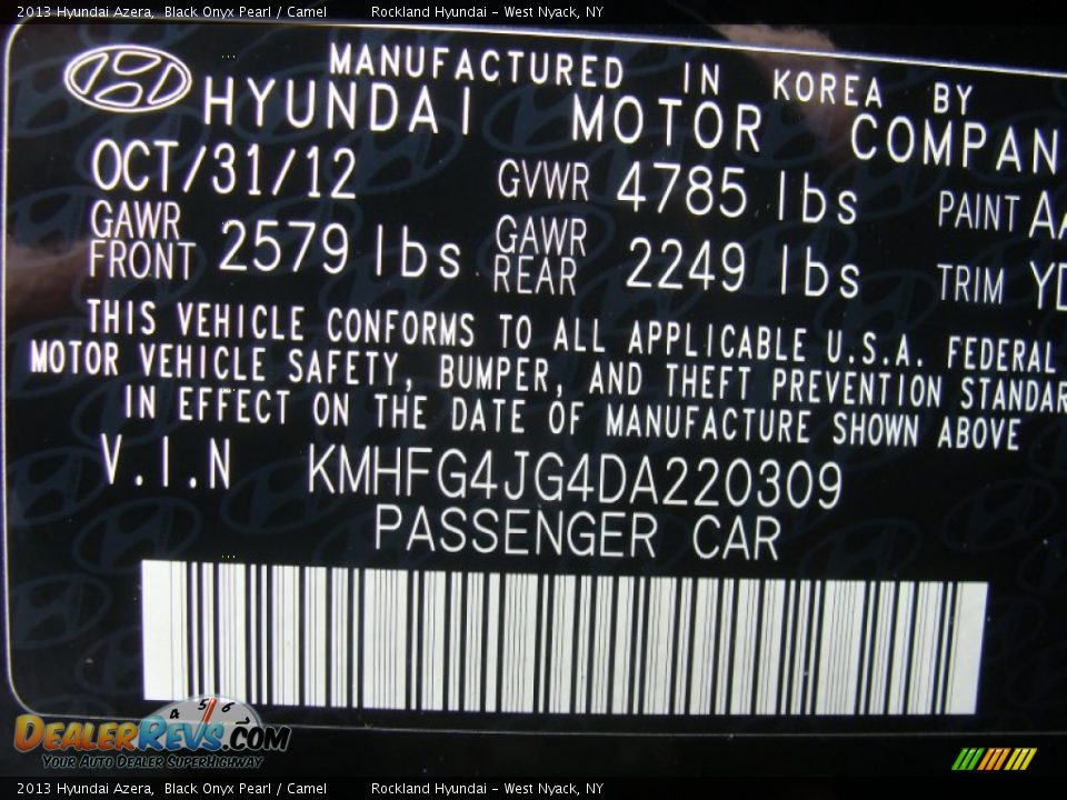 2013 Hyundai Azera Black Onyx Pearl / Camel Photo #31