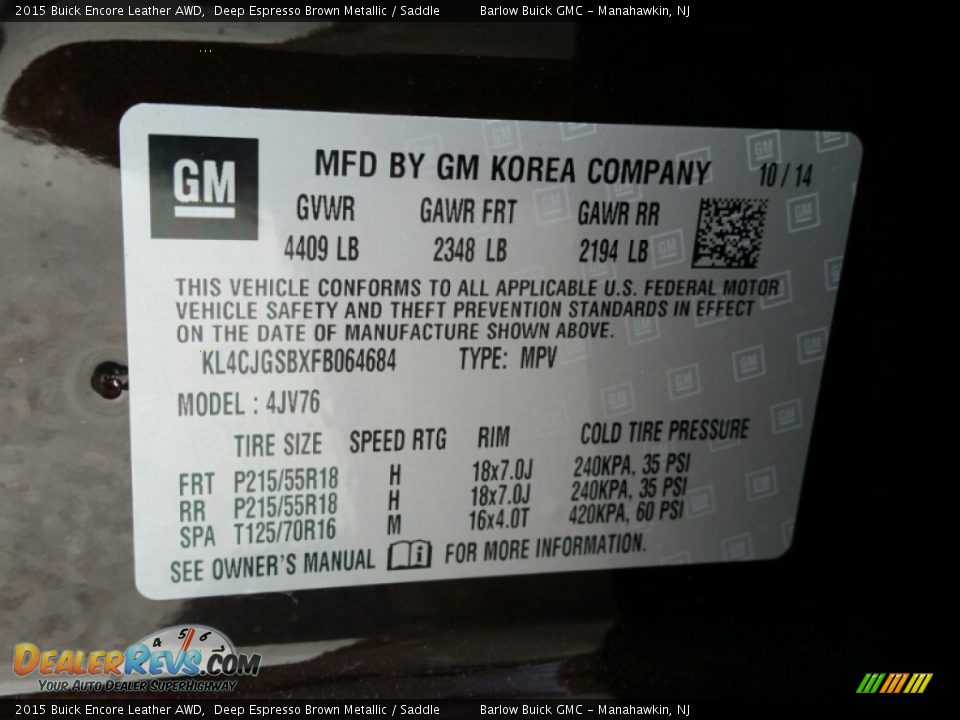 2015 Buick Encore Leather AWD Deep Espresso Brown Metallic / Saddle Photo #7