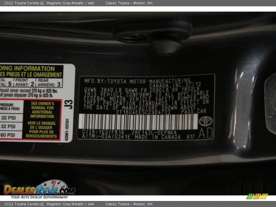 2012 Toyota Corolla LE Magnetic Gray Metallic / Ash Photo #18