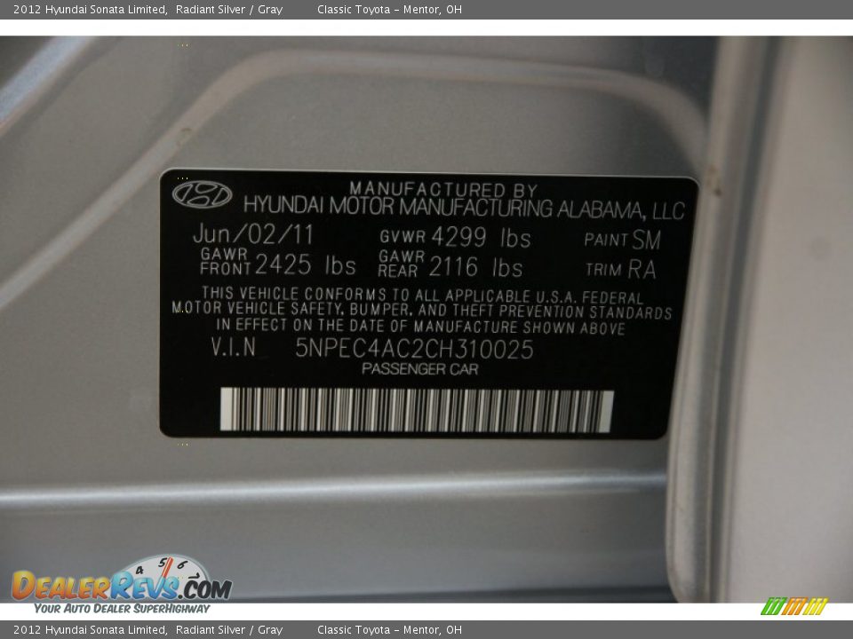 2012 Hyundai Sonata Limited Radiant Silver / Gray Photo #14