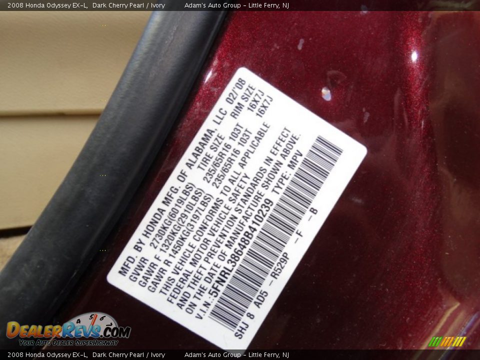 2008 Honda Odyssey EX-L Dark Cherry Pearl / Ivory Photo #28