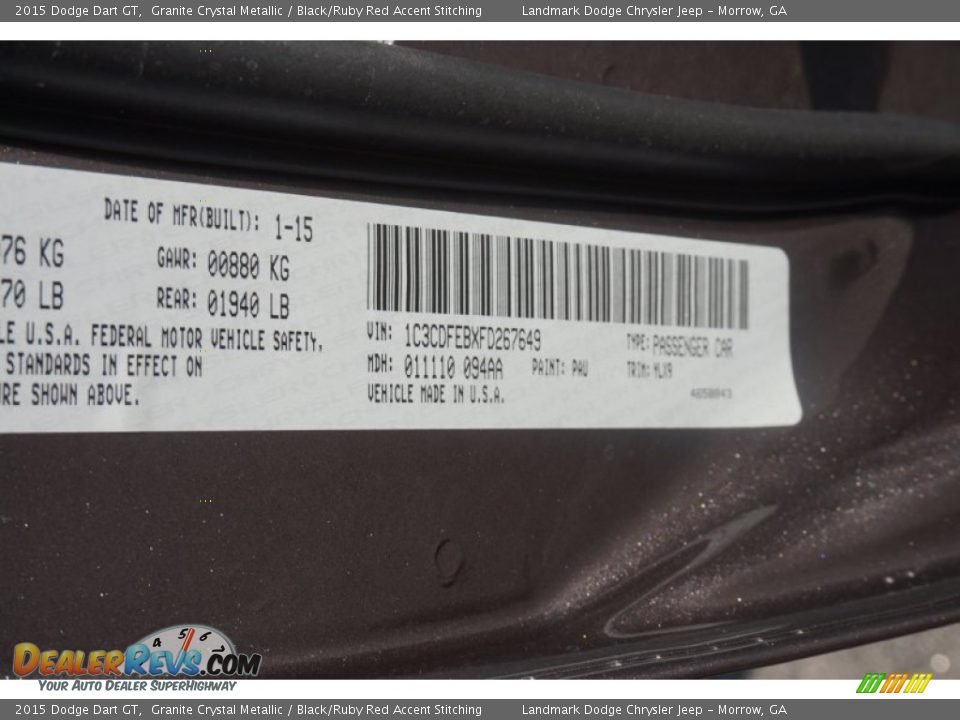 2015 Dodge Dart GT Granite Crystal Metallic / Black/Ruby Red Accent Stitching Photo #11
