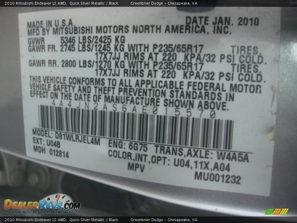 2010 Mitsubishi Endeavor LS AWD Quick Silver Metallic / Black Photo #30