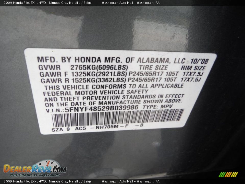 2009 Honda Pilot EX-L 4WD Nimbus Gray Metallic / Beige Photo #19