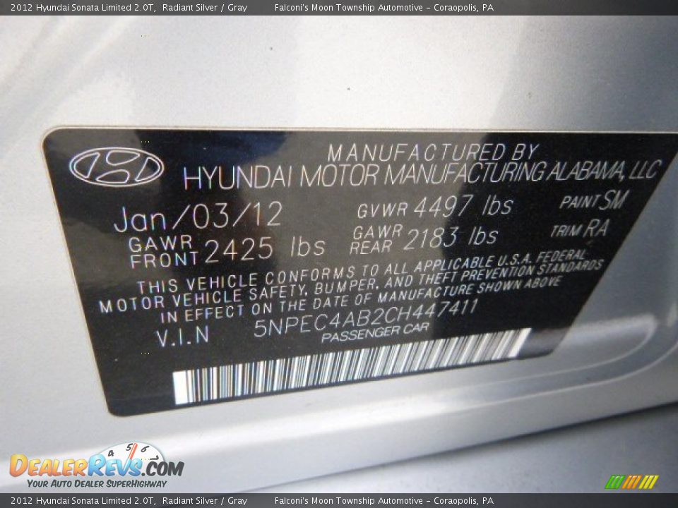 2012 Hyundai Sonata Limited 2.0T Radiant Silver / Gray Photo #3