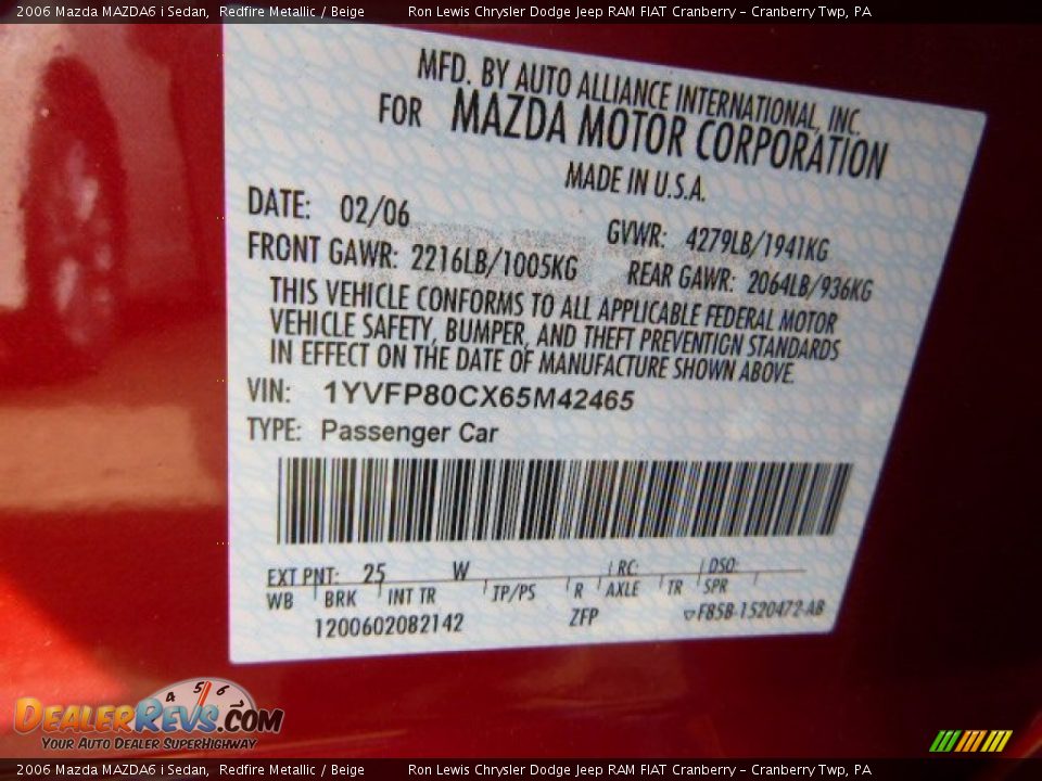 2006 Mazda MAZDA6 i Sedan Redfire Metallic / Beige Photo #15