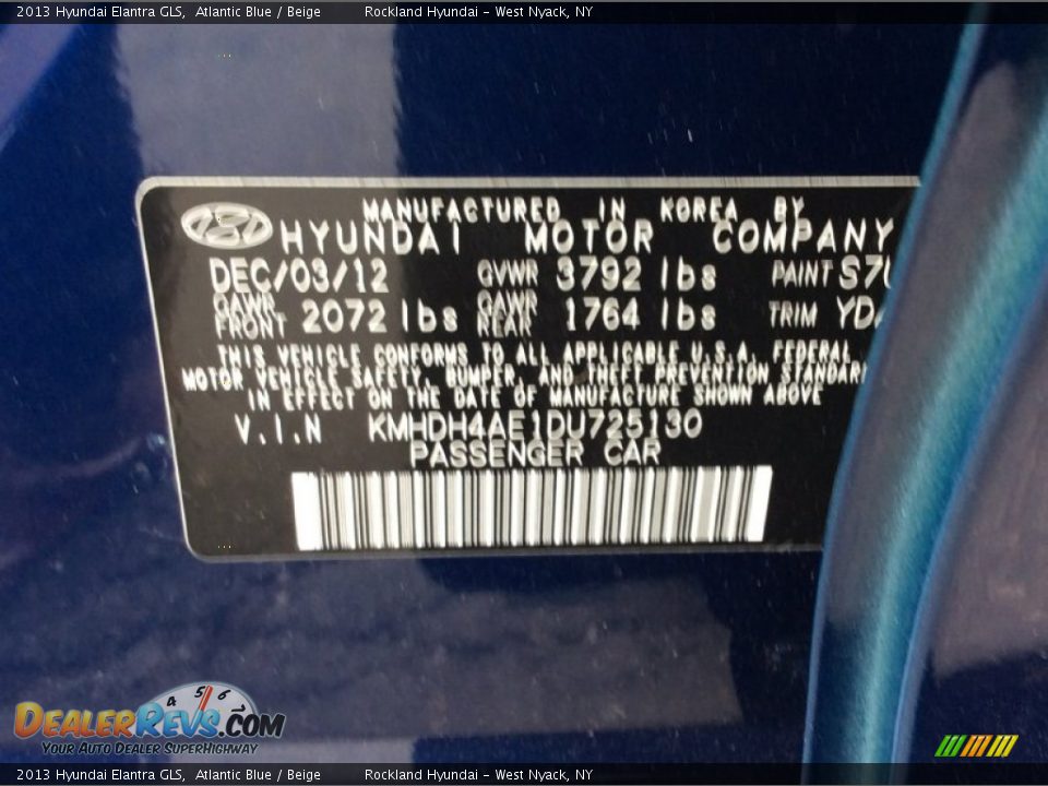 2013 Hyundai Elantra GLS Atlantic Blue / Beige Photo #30