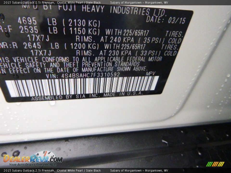 2015 Subaru Outback 2.5i Premium Crystal White Pearl / Slate Black Photo #16