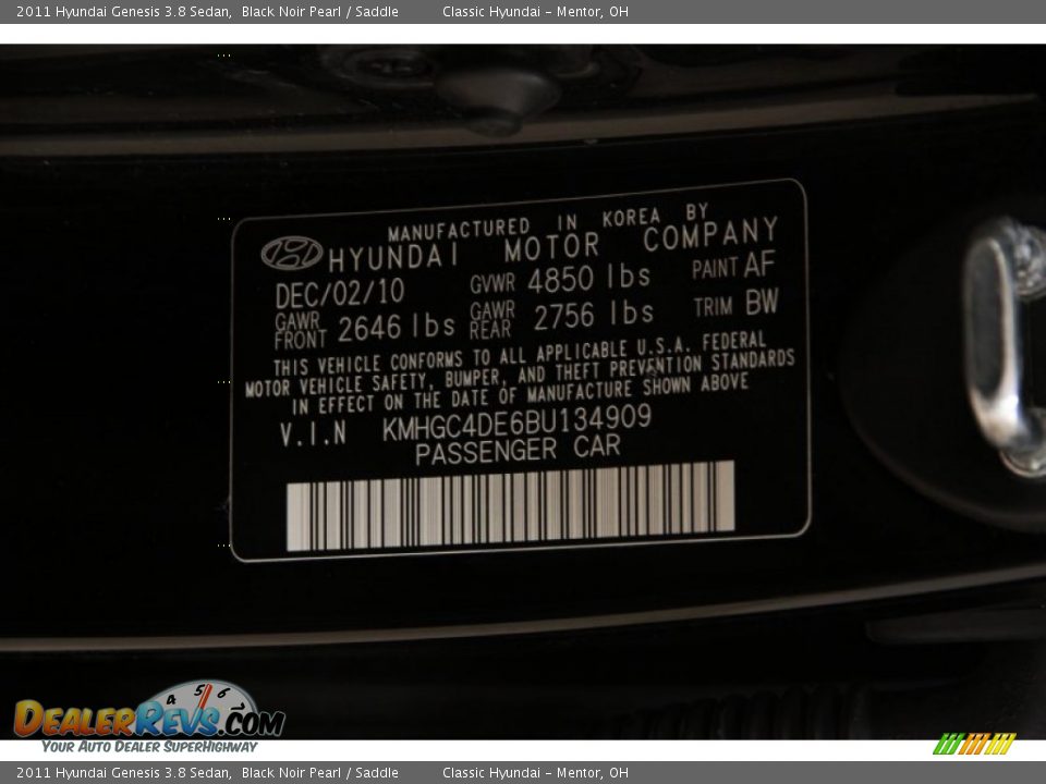2011 Hyundai Genesis 3.8 Sedan Black Noir Pearl / Saddle Photo #16