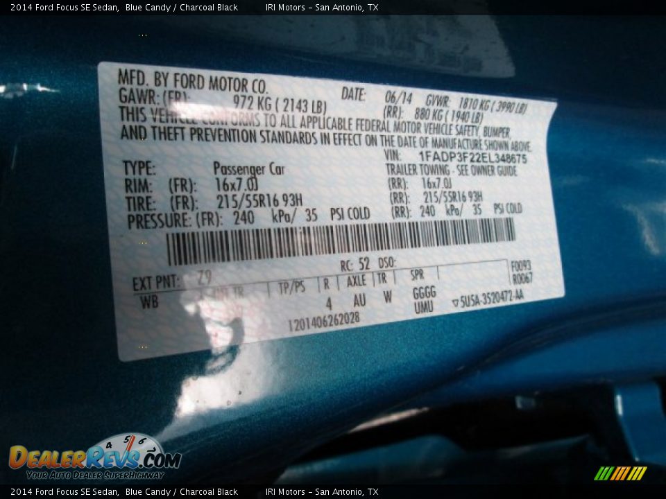 2014 Ford Focus SE Sedan Blue Candy / Charcoal Black Photo #15