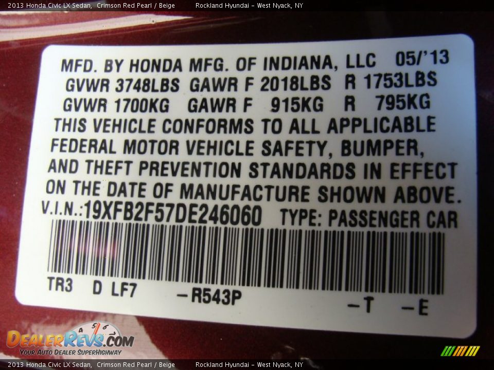2013 Honda Civic LX Sedan Crimson Red Pearl / Beige Photo #32