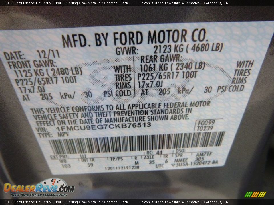 2012 Ford Escape Limited V6 4WD Sterling Gray Metallic / Charcoal Black Photo #23
