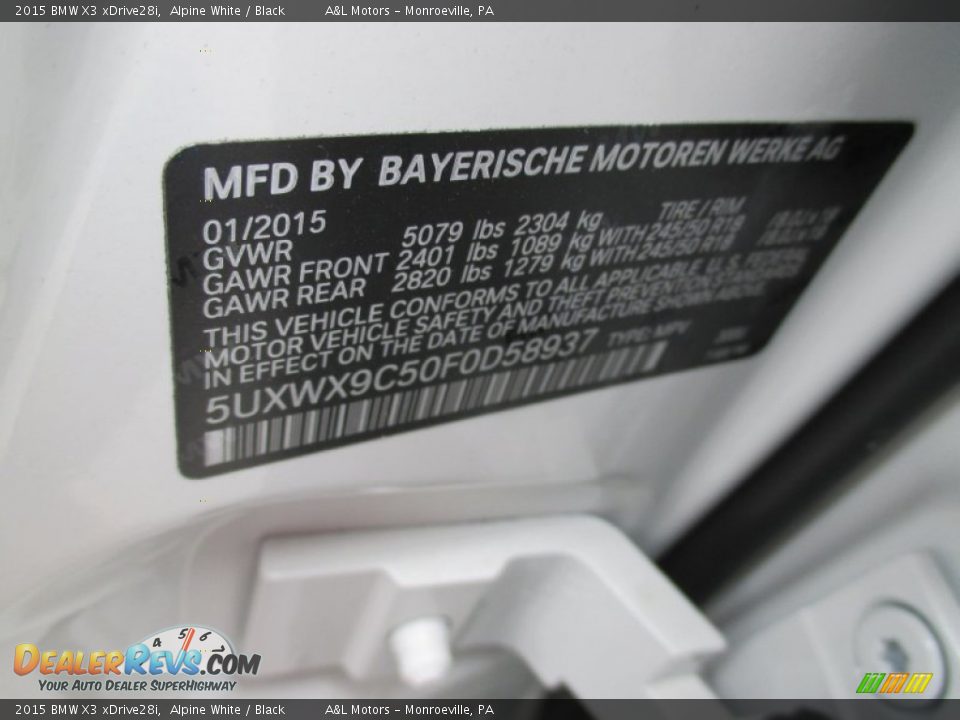 2015 BMW X3 xDrive28i Alpine White / Black Photo #19
