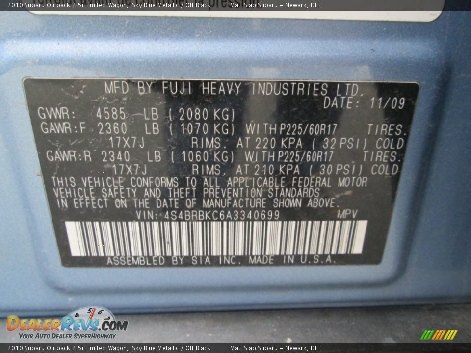 2010 Subaru Outback 2.5i Limited Wagon Sky Blue Metallic / Off Black Photo #29