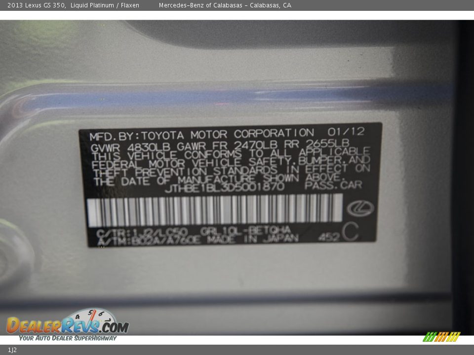 Lexus Color Code 1J2 Liquid Platinum