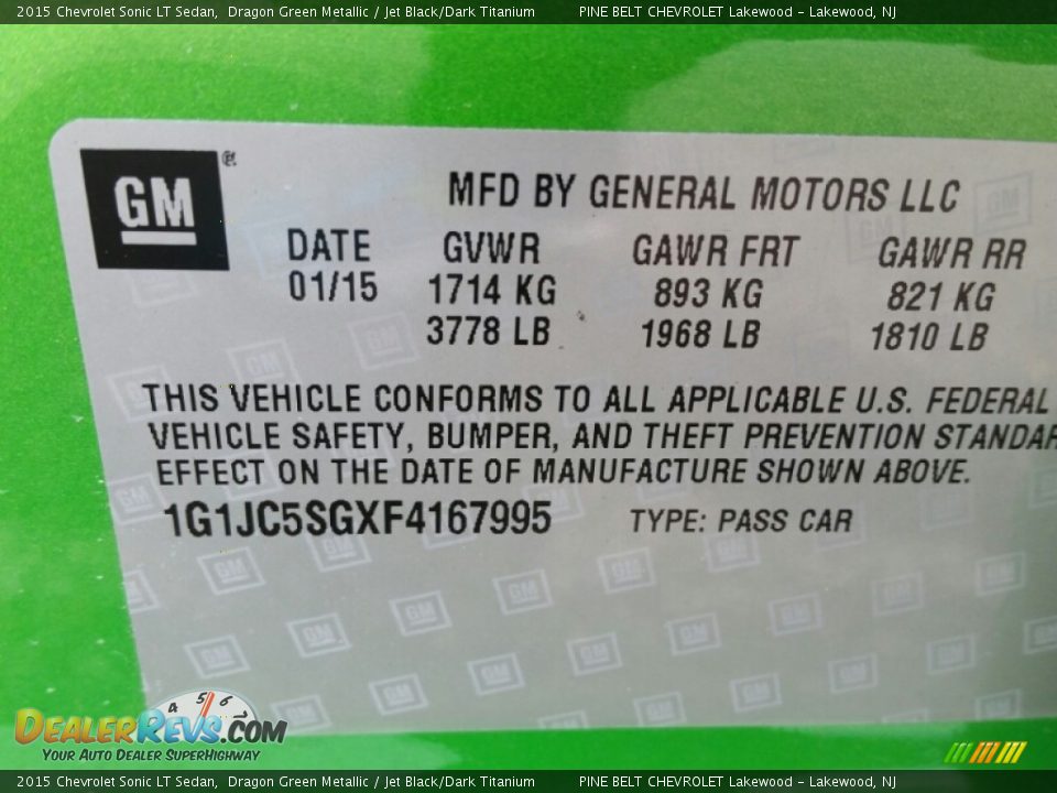 2015 Chevrolet Sonic LT Sedan Dragon Green Metallic / Jet Black/Dark Titanium Photo #9
