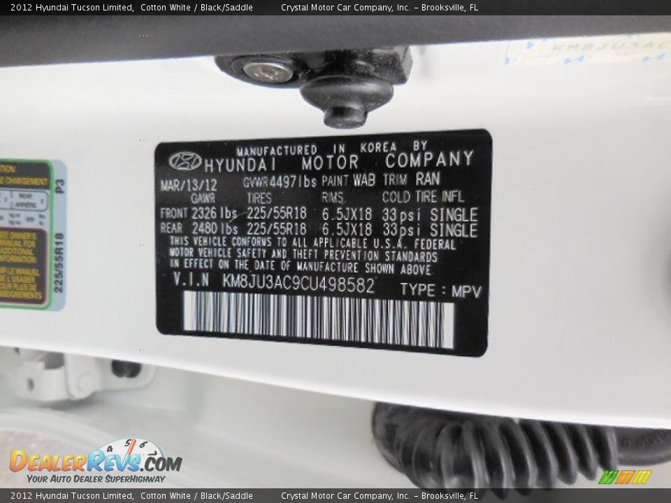 2012 Hyundai Tucson Limited Cotton White / Black/Saddle Photo #23