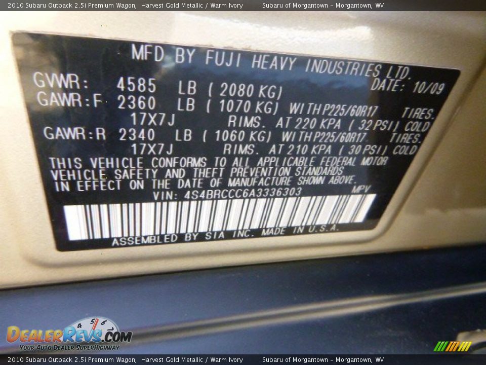 2010 Subaru Outback 2.5i Premium Wagon Harvest Gold Metallic / Warm Ivory Photo #14