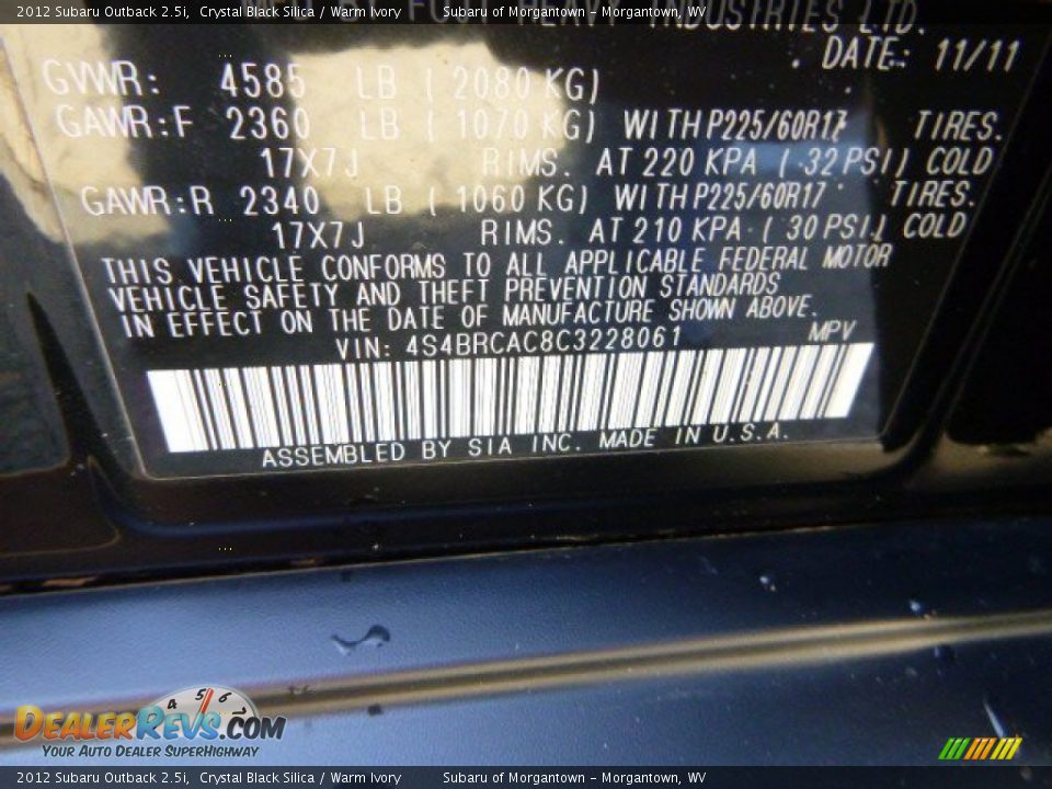 2012 Subaru Outback 2.5i Crystal Black Silica / Warm Ivory Photo #13