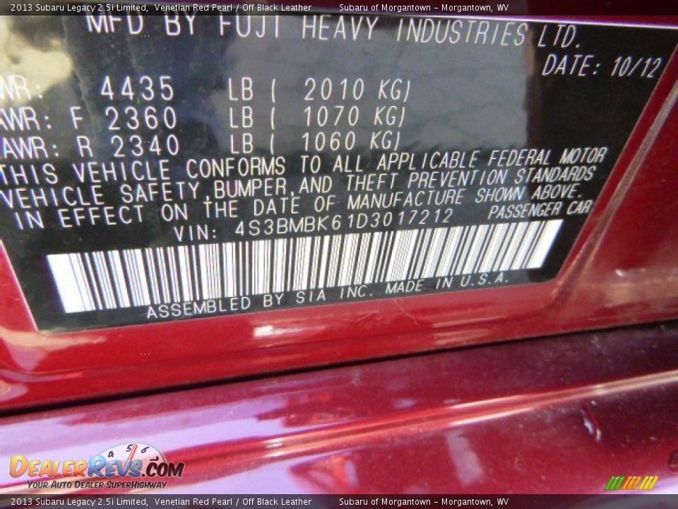 2013 Subaru Legacy 2.5i Limited Venetian Red Pearl / Off Black Leather Photo #15