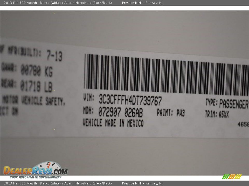 2013 Fiat 500 Abarth Bianco (White) / Abarth Nero/Nero (Black/Black) Photo #34