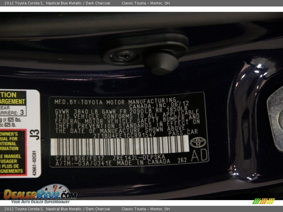 2012 Toyota Corolla S Nautical Blue Metallic / Dark Charcoal Photo #21