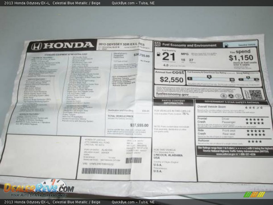 2013 Honda Odyssey EX-L Celestial Blue Metallic / Beige Photo #7