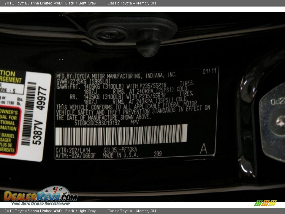 2011 Toyota Sienna Limited AWD Black / Light Gray Photo #24