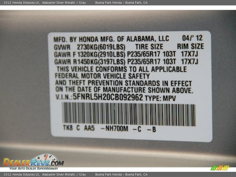 2012 Honda Odyssey LX Alabaster Silver Metallic / Gray Photo #31