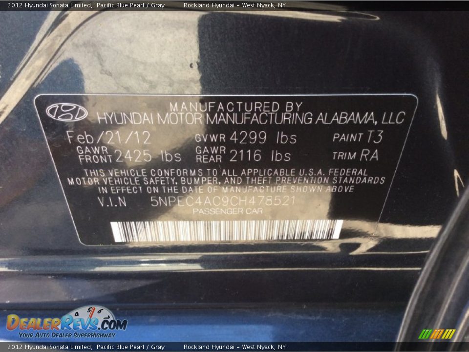 2012 Hyundai Sonata Limited Pacific Blue Pearl / Gray Photo #32