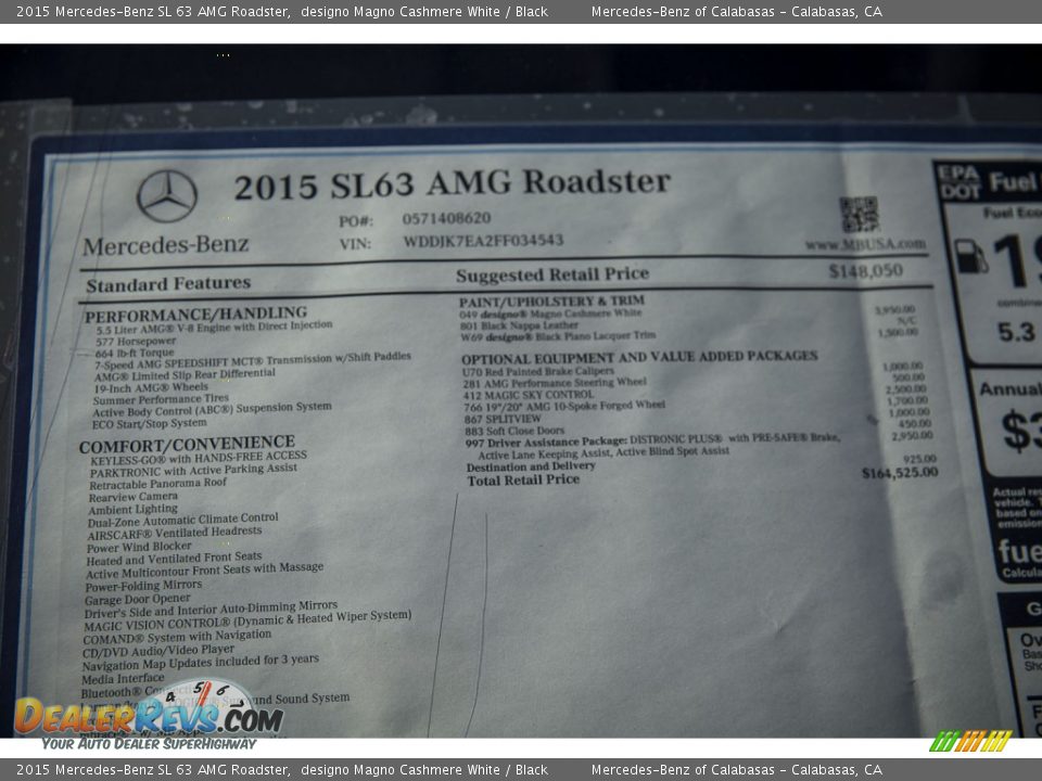 2015 Mercedes-Benz SL 63 AMG Roadster Window Sticker Photo #12