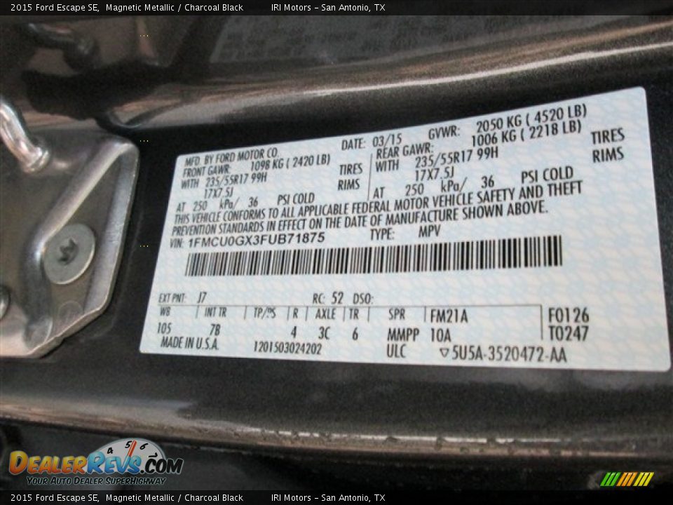 2015 Ford Escape SE Magnetic Metallic / Charcoal Black Photo #15