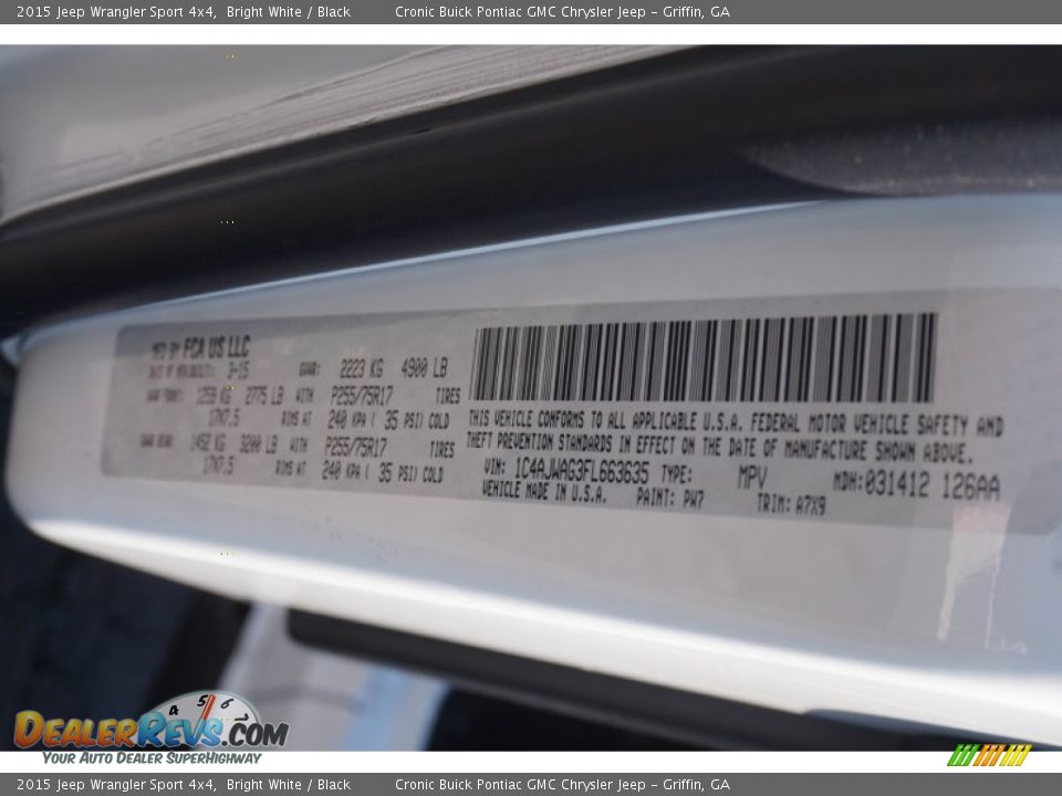 2015 Jeep Wrangler Sport 4x4 Bright White / Black Photo #17