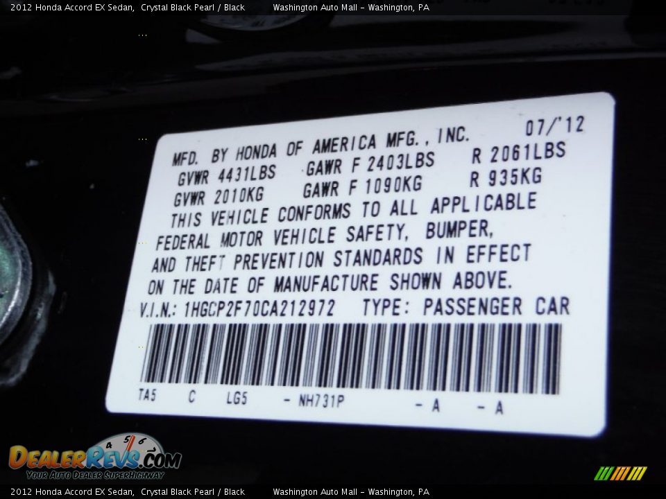 2012 Honda Accord EX Sedan Crystal Black Pearl / Black Photo #19