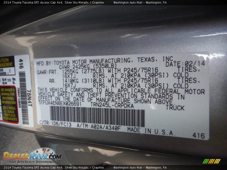2014 Toyota Tacoma SR5 Access Cab 4x4 Silver Sky Metallic / Graphite Photo #19